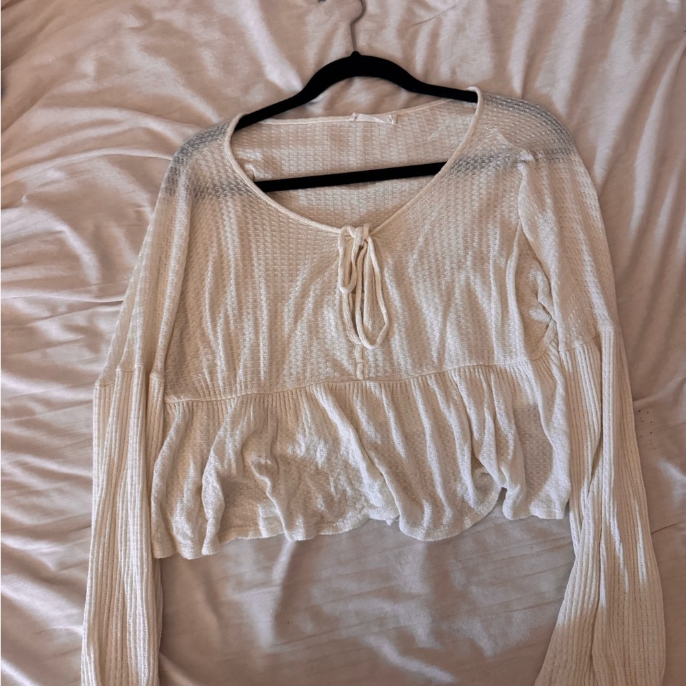 Lush Cream Ribbed Crop Blouse with Tie Front
